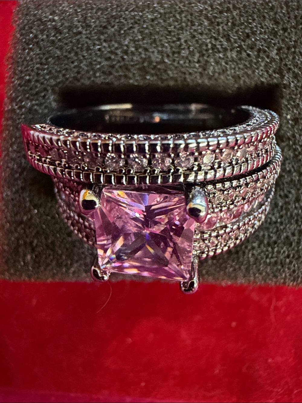 Wedding Ring Set, Large Square Pink Center & Side gems, SZ 10, (J296)
